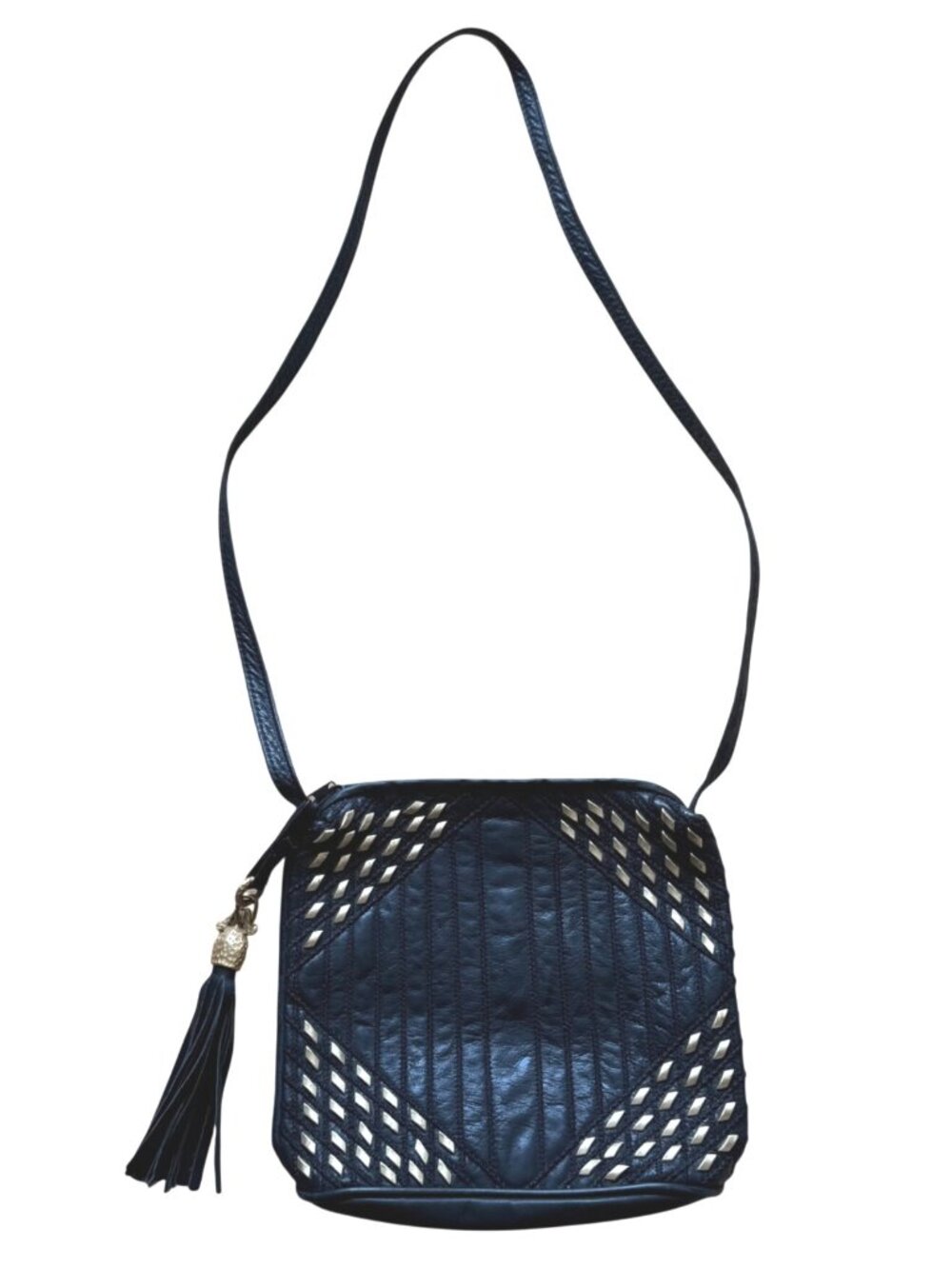 Samir Women's Crossbody Bag Black Leather Gold Stud Accents Tassel Charm Vintage